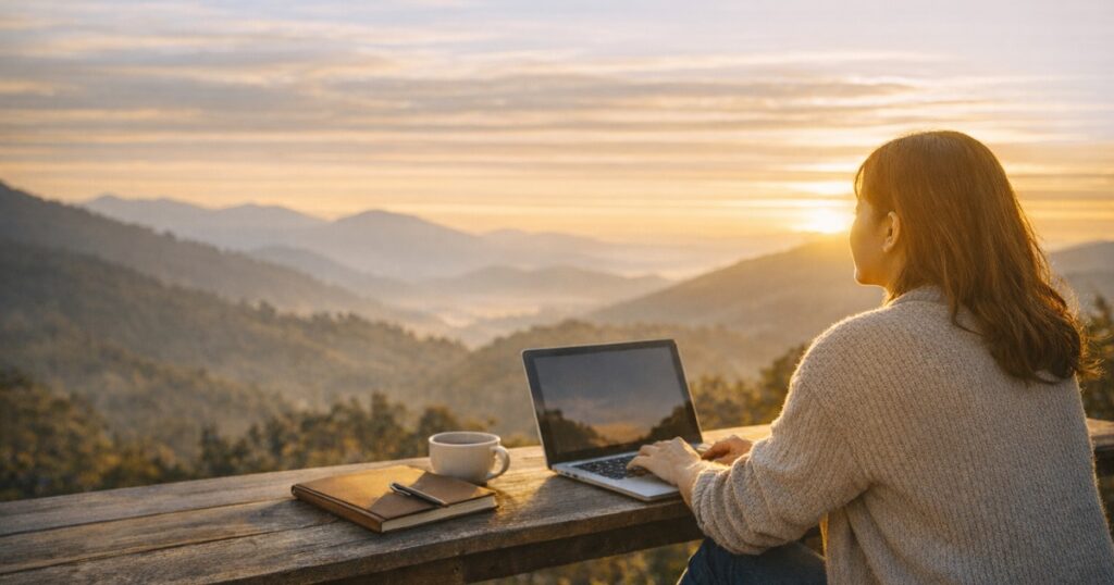 夕陽を見る女性