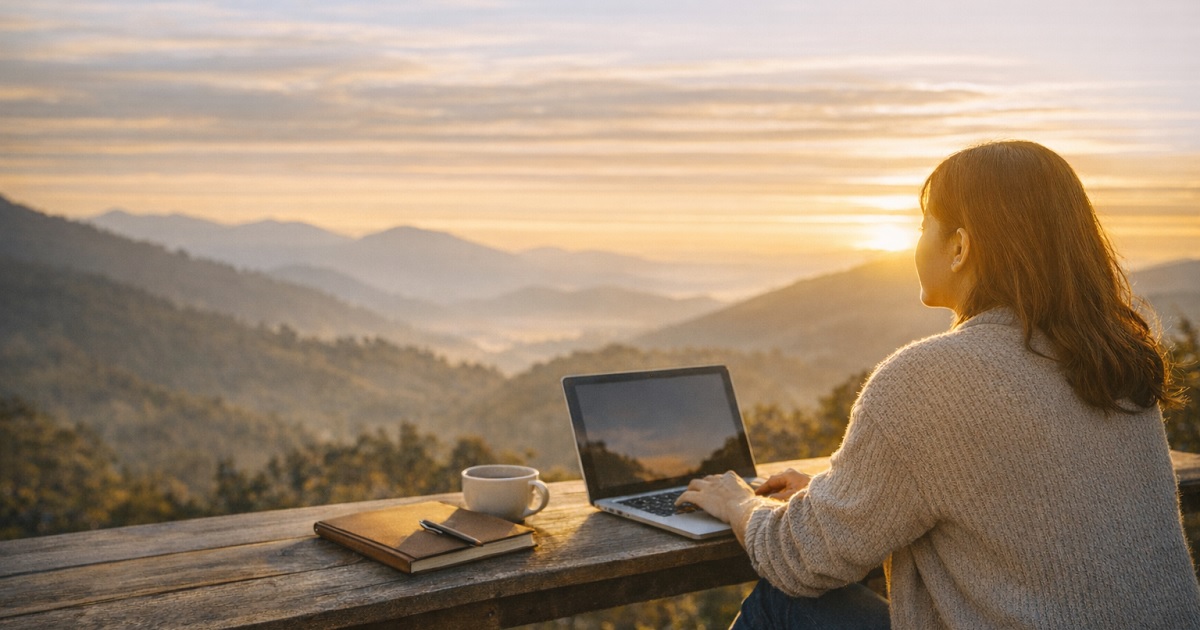 夕陽を見る女性